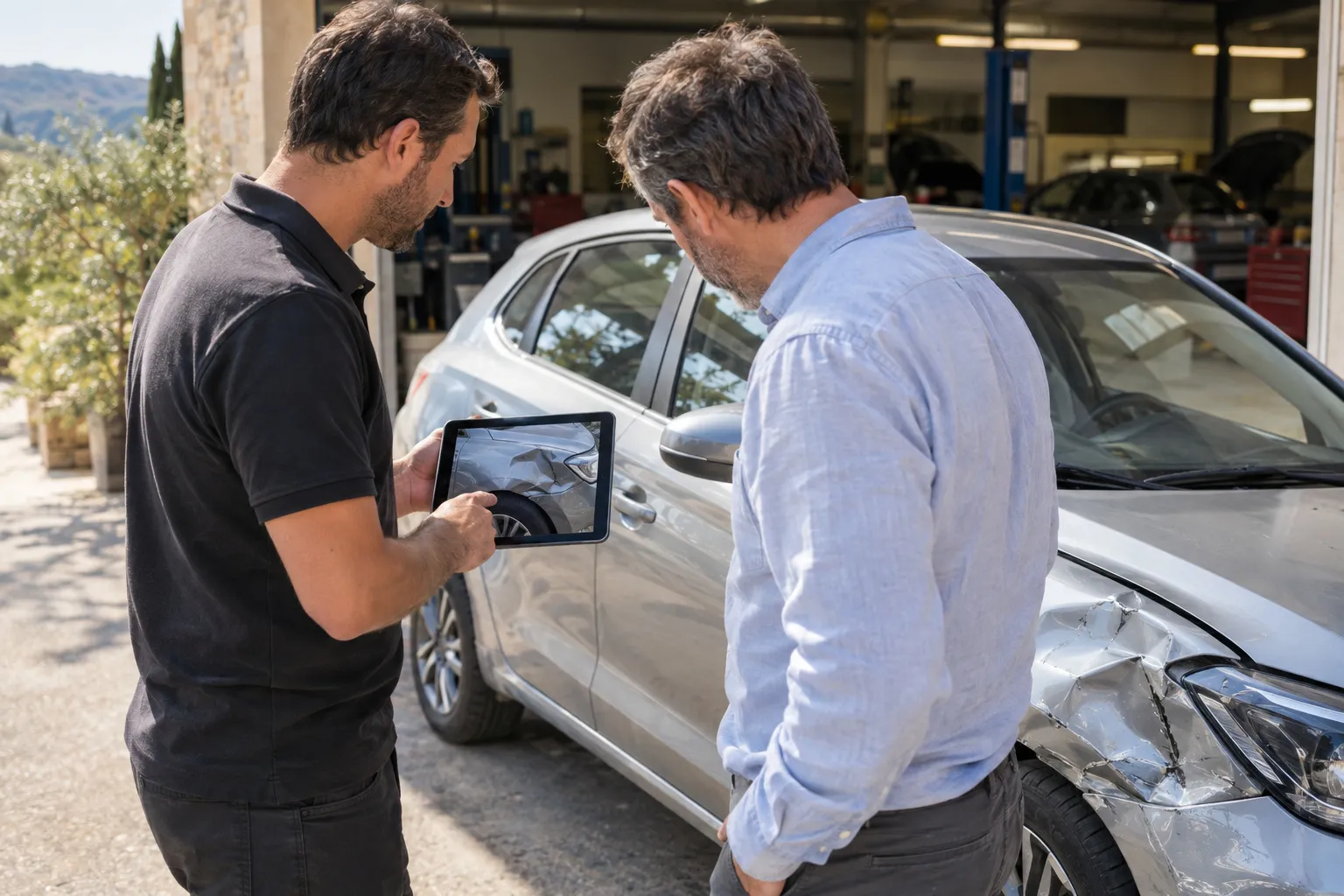 Devant la porte de l'atelier, un conseiller montre un devis sur tablette à un client, à côté de l'aile abîmée de sa voiture.