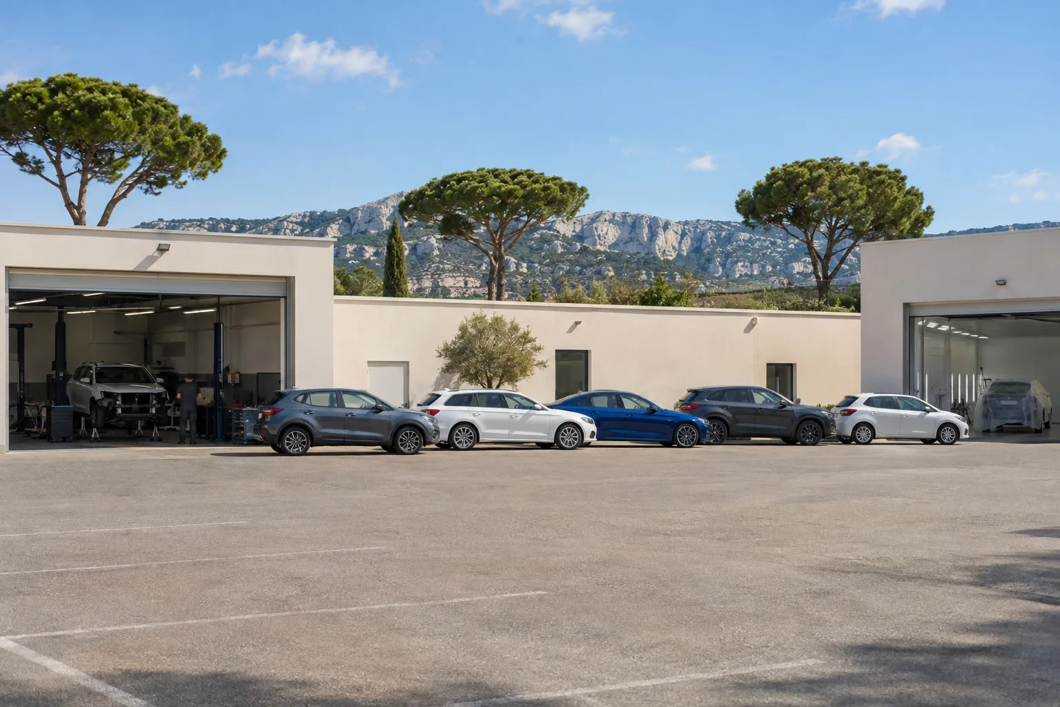Grand parking de centre commercial en Provence, quelques voitures garées en ligne, pins et collines calcaires au fond.